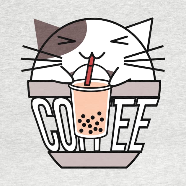 Cat in coffee cup with warped text drinking boba brown by coffeewithkitty